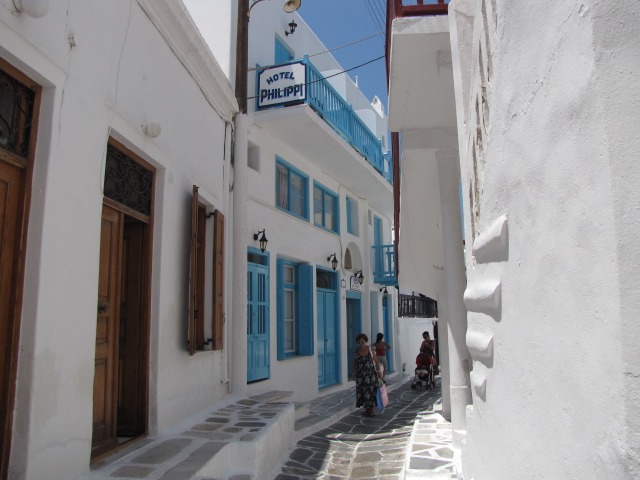 A look at one of the narrow, maze-like streets in Mykonos, Greece