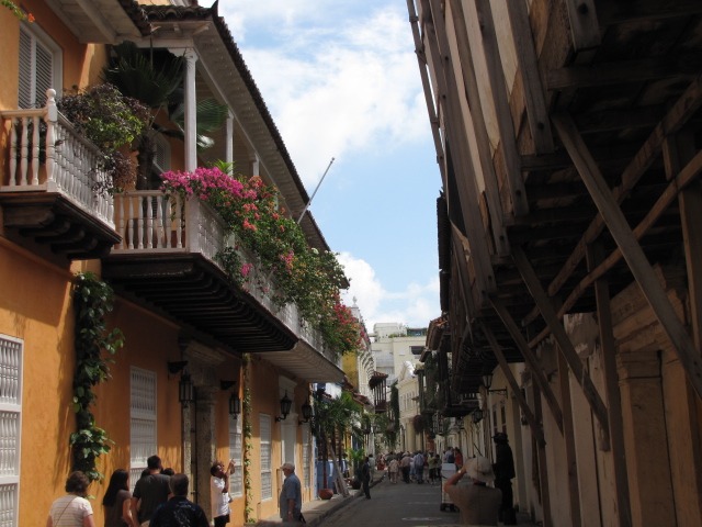 A view of a cobbled alley in Cartagena, Colombia