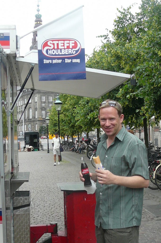 Shawn Power enjoying a Yummy Hot-dog in Copenhagen