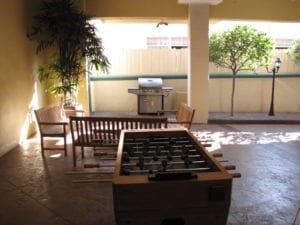 The BBQs/Foosball/Table Tennis area at the Peacock Suites in Anaheim, California