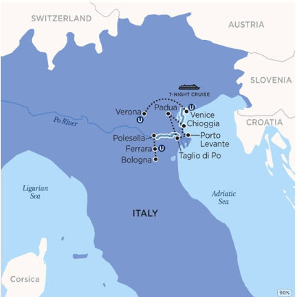 Map of Uniworld's New River Cruise in Italy