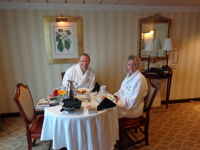 nancy & Shawn Power having breakfast on Club Ocean Suite on Azamara Club Cruises Quest
